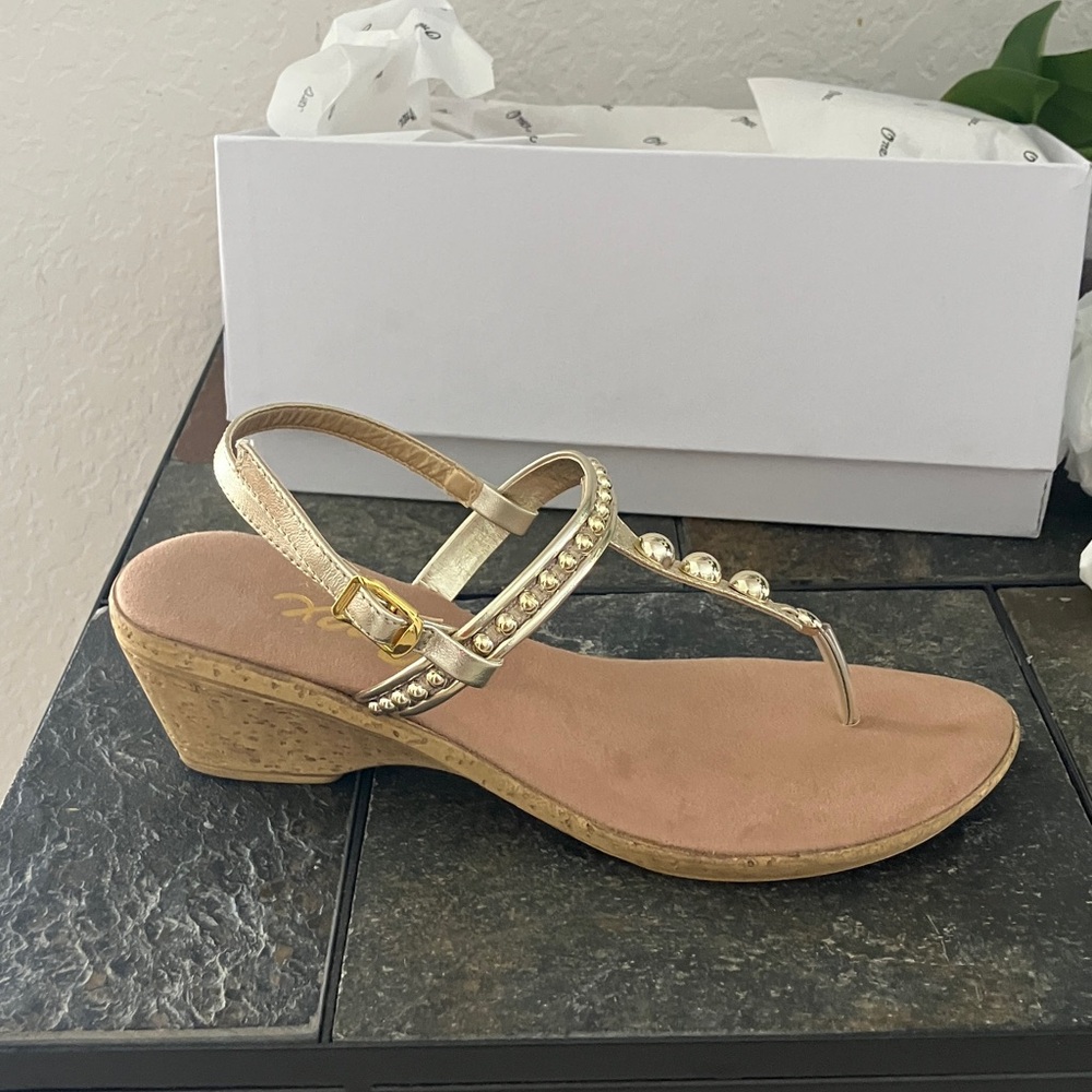 Onex Champagne Gold Beaded Cork Wedge Sandal size 10 NEW STYLE MYKANOS